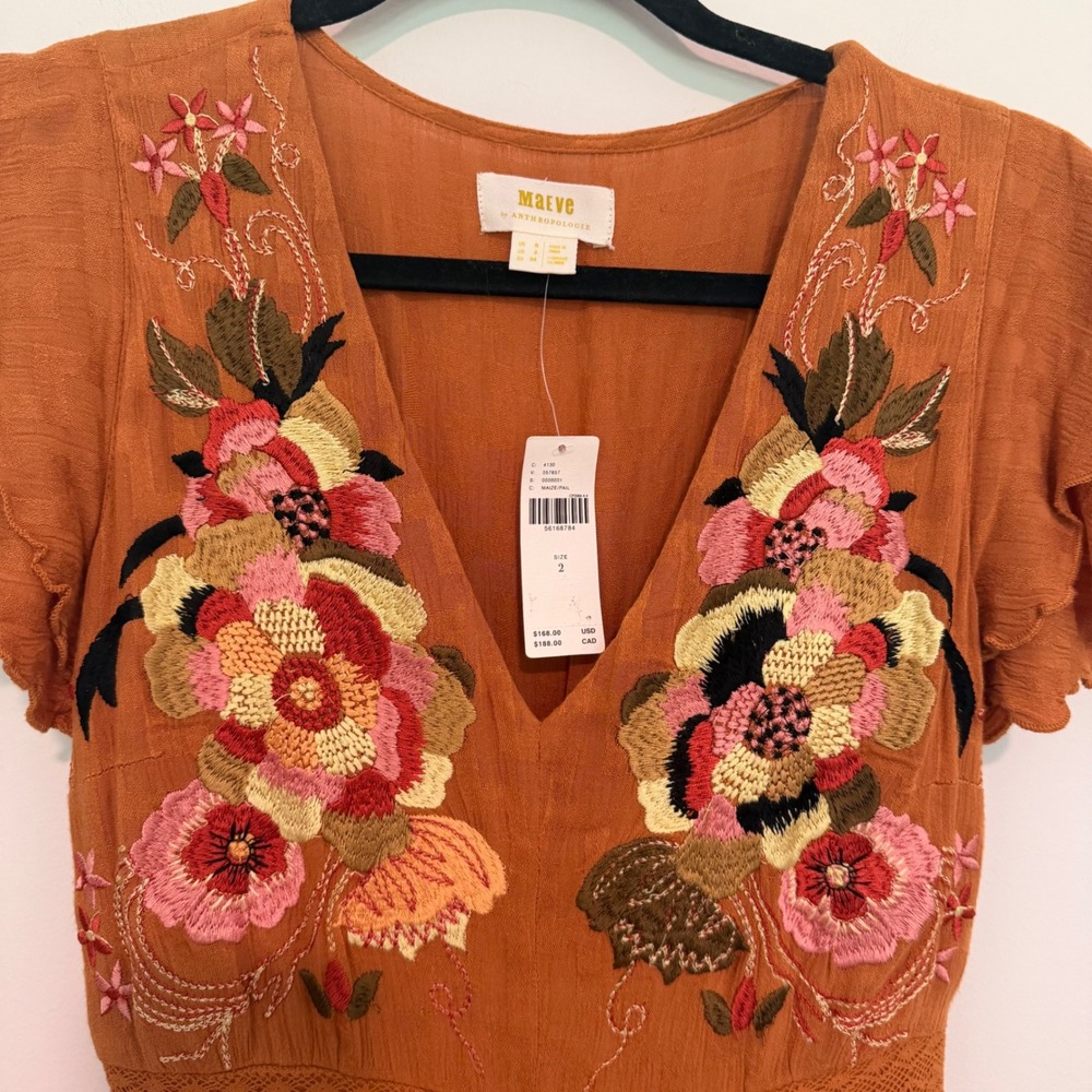 Maeve Anthropologie Rust Orange Floral Embroidered Maxi Dress Size 2 NWT Boho - Picture 4 of 5